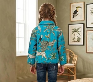 Veste matelassée réversible en coton pour filles, imprimé animal, poche avant tricotée, manches trois quarts, col rabattu - Product Image 2