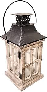 Farmhouse White Wash Wooden <b>Lantern</b> <b>Candle</b> Holder Decorative Glass <b>Lantern</b> with Metal Top and Latch - Product Image 6