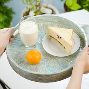 PEMAR Bandeja Redonda de Nácar de 12.6” con Asas, Bandeja Decorativa de Madera para Mesa de Centro Otomana (Verde Teal) - Product Image 1