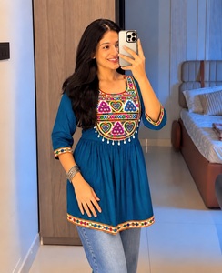 <b>Blue</b> Gamthi Kodi <b>Lace</b> Border Short Loose Fit Women Rayon Ethnic <b>Top</b> <b>Lace</b> Trim Tee Festival Wear Fancy Tunic Style - Product Image 1