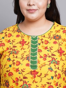Mustard Cotton Anarkali <b>Kurti</b> With Floral Print Bell Sleeves And Round Neck Design For Plus Size Women's Collection - Product Image 5