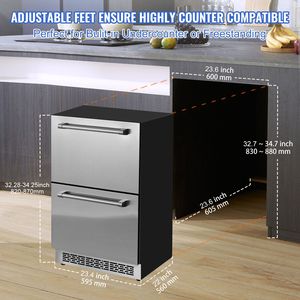 Frigorifero Elettrico Sottobanco per Vini da 24 Pollici, 4,87 Piedi Cubi Cassettiera a 2 cassetti per diverse temperature, impermeabile, per interni - Product Image 5