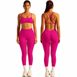 Ensemble de yoga 1 pièce pour femme : short taille mi-haute et brassière de sport dos nageur rose uni, sans couture, avec logo frontal, séchage rapide, vêtements de sport - Product Image 1