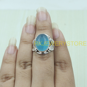 Anillo de Plata de Ley 925 con Calcedonia Azul Natural, Diseño de Hoja Hecho a Mano, Anillo Ovalado con Cabujón de Piedra Preciosa, Joyería Boho, Regalo - Product Image 6