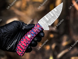 มีดทำมือเหล็กดามัสกัส ใบมีดคงที่ สำหรับล่าสัตว์และตั้งแคมป์ คมกริบ แบบฟูลแทง  รับผลิตตามแบบ ODM/OEM พร้อมปลอกหนัง DIY - Product Image 4