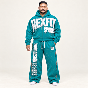 Ensemble de survêtement unisexe en polaire avec lettres en strass, veste zippée intégrale et pantalon de survêtement ample, streetwear personnalisé, ensemble deux pièces hiver OEM ODM - Product Image 1