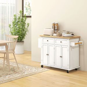 Carrello da Cucina Moderno Bianco con Piano in Robusto MDF di Quercia e Legno di Gomma, Porta Spezie/Asciugamani e Cassetti Contenitore per Sala da Pranzo - Product Image 2