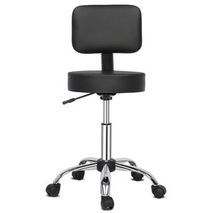 Sgabello da Tecnico Nero Rotondo con Schienale, Capacità 136 kg, Base a Cinque Punte in Nylon e Gambe in Semi Pelle PU, Sedia da Ufficio - Product Image 6