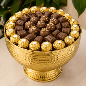 Bandeja de chocolate de lujo con pedestal dorado, surtido premium de chocolates gourmet para bodas, fiestas y regalos corporativos en oferta. - Product Image 6