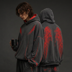 Sweat à capuche d'hiver à coupe ample avec imprimés Angel et surpiqûres contrastées, qualité supérieure, grammage lourd, logo personnalisé pour la mode urbaine - Product Image 1