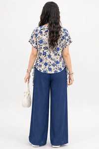 OneTen Apparel <b>Women</b> Summer Floral Print Color Blocking <b>Polo</b> Collar Short Sleeve <b>Top</b> Wide Leg Pants Set Elastic Waist 2-in-1 - Product Image 5
