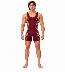 Combinaison de lutte pour hommes, une pièce, sans manches, imprimé or bordeaux, respirante, en spandex et polyester, pour gymnastique, toutes saisons - Product Image 1