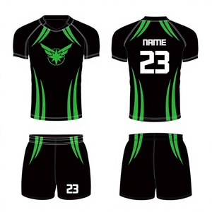 Ensemble de maillots de rugby personnalisés imprimés numériquement, noir et vert, sans manches, respirant, anti-humidité, uniformes d'équipe athlétique pour adultes, devant - Product Image 1