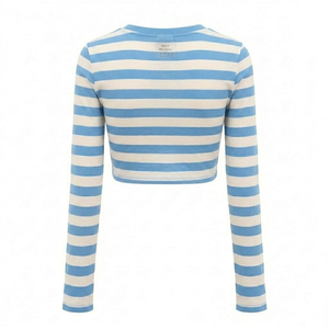 Camiseta personalizada al por mayor para mujer, de secado rápido, transpirable, de poliéster, de manga larga, estilo crop, con rayas blancas y azul cielo. - Product Image 2