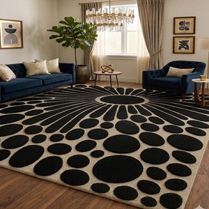 <b>Black</b> Beige Wool geometric circle pattern area <b>rug</b> Hand Tufted modern carpet for living room bedroom luxury decorative home <b>rug</b> - Product Image 1
