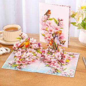 Carte de vœux 3D artisanale Viet-craft en carton, motif fleur de cerisier et oiseau, origine Hanoï, vente en gros - Product Image 5
