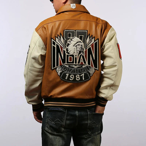 Blouson aviateur vintage en cuir pour homme avec logo R brodé et motifs de patchs, col rabattable, fermeture éclair - Product Image 3
