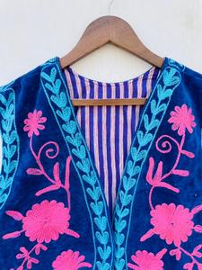 Artisan <b>Blue</b> Velvet Cotton Suzani Floral Lightweight <b>Women's</b> Embroidered Bohemian Ethnic Sleeveless Vest Coat <b>Waistcoat</b> - Product Image 2