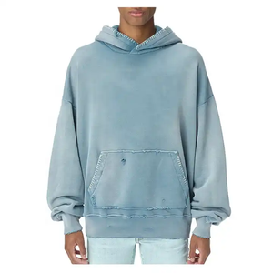 เสื้อฮู้ดดี้ผู้ชายสีฟ้าอ่อนแบบมีรอยขาด ดีไซน์ล้างสี แขนยาว ทรงปกติ สีพื้น มีกระเป๋า ระบายอากาศได้ดี ผ้าเฟรนช์เทอร์รี่ - Product Image 3