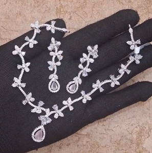 Designer Best Quality CZ Stones Look <b>Statement</b> <b>Necklace</b> and Earrings Set with Silver Plating for Women's Engagement Anniversary - Product Image 2