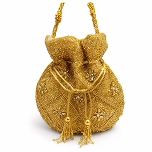Hand Embroidered Gold Beaded Half Moon Potli Bag with Zari Work Crystal Accents & Drawstring Tassels for Bridal Wear Fashion - Product Image 1