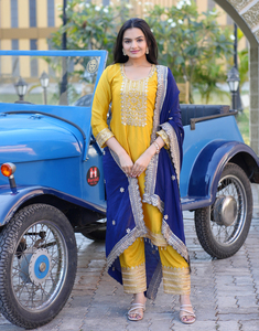 Beautiful Chinon Silk Artisan Sequin Tunic Slim Trousers Ornate Glittering Scarf Women Ethnic Ceremony Attire Bundle - Product Image 2