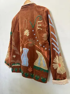 Handmade Bohemian Velvet Winter <b>Quilted</b> <b>Jacket</b> with Hand Embroidery Floral <b>Pattern</b> Lightweight Cotton Shell Open Stitch Closure - Product Image 3