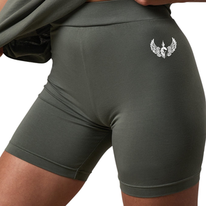 Shorts de cyclisme vert olive pour femme, taille haute, extensibles, pour le sport, le fitness et l'entraînement - Product Image 1