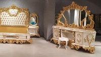 Ensemble de chambre d'hôtel de luxe en teck massif blanc doré, style mi-siècle, antique, avec lit Queen/King Size et armoire, mobilier de maison orné