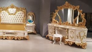 Juego de Dormitorio de Lujo en Madera de Teca Sólida Color Blanco Dorado, Cama Queen/King Size, Armario, Mesitas de Noche Ornamentadas, Tocador con Espejo, Estilo Villa - Product Image 5