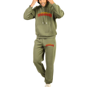Wholesale 100% Cotton <b>Fleece</b> Heavyweight Men's Pullover <b>Hoodie</b> & Mid Waist Sweatpants Own Your Logo Solid Pattern Men Sweat Suit - Product Image 1