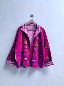 เสื้อแจ็คเก็ตกำมะหยี่สีชมพูปักลายซูซานี พร้อมลายหัวใจและลายดอกไม้ แขนยาว คอตั้ง สไตล์โบฮีเมียน เสื้อคลุมฤดูหนาว - Product Image 3