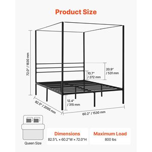 Struttura letto a baldacchino matrimoniale in metallo resistente con design a quattro montanti, doghe in acciaio e spazio contenitore sotto il letto - Product Image 2