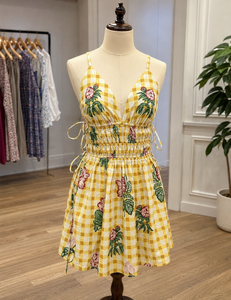 Robe légère à bretelles fines pour femme, imprimé floral à carreaux, avec ceinture, jupe trapèze, pour l'automne et l'hiver, tenue décontractée ou de plage - Product Image 1