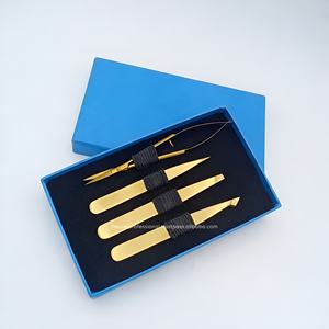 Juego de Pinzas y Tijeras para Cejas Gold Precision con Caja de Regalo Azul de Lujo Personalizada para Herramientas de Maquillaje Profesional - Product Image 1