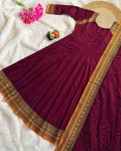 Good Quality Vichitra Silk with Embroidered Border & Full-Flared Readymade <b>Ankle</b>-Length Anarkali Kurti-Dupatta Indian Supplier - Product Image 6