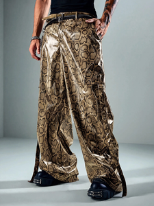 <b>Snake</b> <b>Print</b> Leather <b>Trousers</b> Lambskin Embossed Pattern Wide Leg Baggy Cut Side Pockets Glossy Finish Unisex - Product Image 2