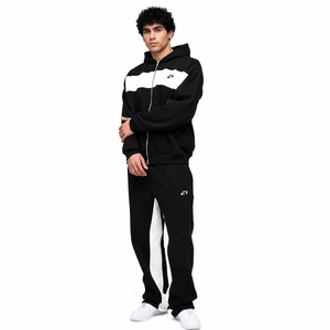 Survêtement Homme Bicolore Noir et Blanc en Molleton de Coton Épais, Décontracté, Zippé Intégral, Deux Pièces (Haut à Capuche et Pantalon Droit), Fourniture OEM - Product Image 1