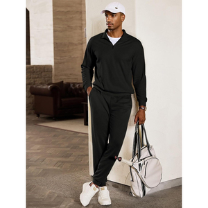 Ensemble de survêtement décontracté pour homme, noir, avec sweat-shirt à col montant zippé à quart de tour et pantalon de jogging, sans coutures, respirant, tricoté, pour l'hiver - Product Image 5