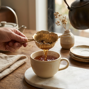 Solid Copper <b>Tea</b> Strainer With Drip Bowl Geometric Handle Fine Perforated Bowl Loose Leaf Herbal <b>Tea</b> Steeper Metallic Teaware - Product Image 2