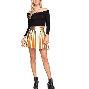 Women's High Waist <b>Gold</b> PU <b>Pleated</b> A-Line Mini <b>Skirt</b> Solid Color Shiny Sexy Club Style - Product Image 5