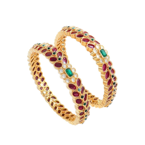 <b>Ruby</b> Floral Golden Bangles-Trendy Vintage Copper & Brass <b>Bracelets</b> with Zircon Pearl & Diamond Inlay - Product Image 1