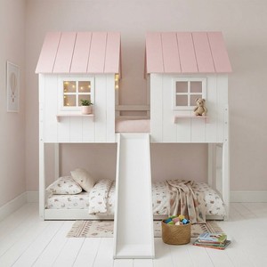 Twin Size Wooden Bunk <b>Bed</b> With Slide <b>House</b> Design White Pink Scandinavian Style Kids <b>Bed</b> - Product Image 1
