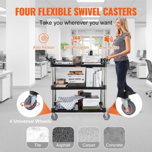 Pesante 154 libbre carrello per servizio utilitario in plastica nera con ruote bloccabili 32.7 \ "X 15.7 \" X 37.4 \ "carrello per servizio di ristorazione a 3 ripiani - Product Image 5