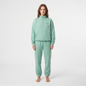 Conjunto Deportivo de Mujer Verde Menta con Media Cremallera, Color Sólido, Corte Holgado Informal, Pantalones Deportivos de Manga Larga con Bolsillo Frontal y Cierre de Cremallera - Product Image 5