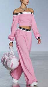 Women <b>Pink</b> <b>Off</b> <b>Shoulder</b> Two Piece Set Long Sleeve Crop <b>Top</b> Wide Leg Pants Sporty Tracksuit - Product Image 4