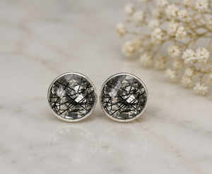 Black Rutile Quartz <b>Silver</b> <b>Stud</b> Earrings – Natural Rutilated Quartz Round Earrings – Handmade Gemstone Jewelry Gift - Product Image 1