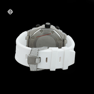 Montre chronographe de luxe pour homme, sertie de diamants Moissanite, boîtier en acier inoxydable, bracelet en caoutchouc blanc, verre de qualité supérieure, mouvement à quartz analogique - Product Image 4