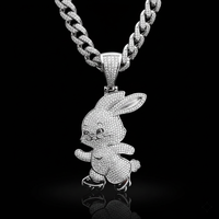 Pendentif Lapin de dessin animé glacé en diamant de laboratoire taille brillant, en argent sterling plaqué or blanc et rhodium, breloque tendance Hip Hop