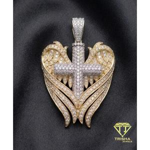 Cross With <b>Angel</b> Wings Pendant 925 Sterling Silver Moissanite Diamond Luxury Two Tone Necklace <b>Charm</b> - Product Image 3